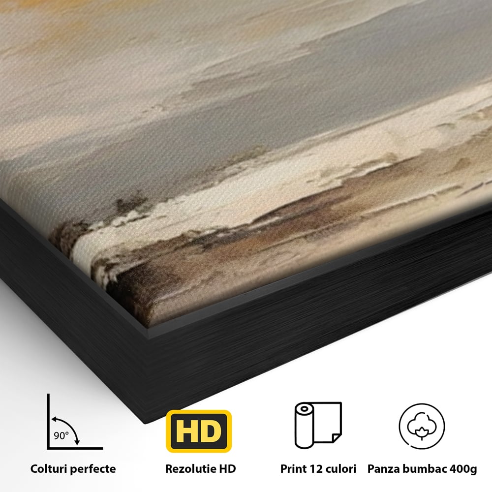 Detaliu al suprafetei: tablou canvas cu peisaj maritim abstract, in rama de aluminiu negru